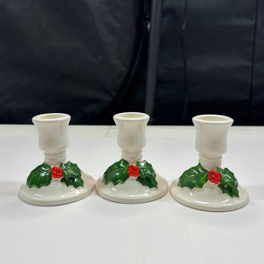 Vintage 3 Lillian Vernon Christmas Holly Berries Ceramic Candle Stick Holders